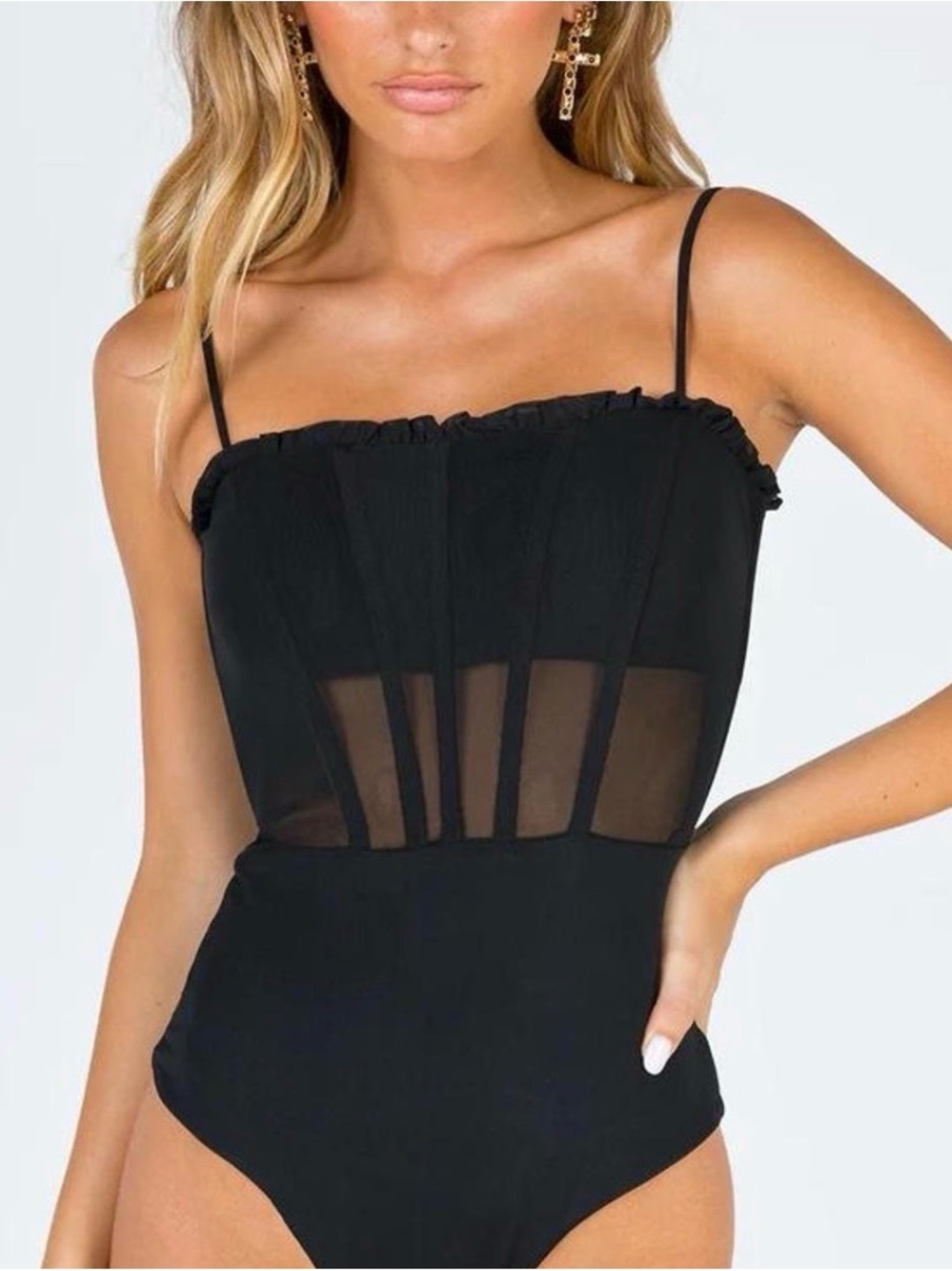 Princess Polly Black Sheer Panel Cartia Bodysuit